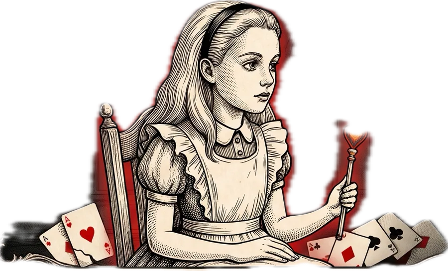 Alice at a card table in ink-drawn engraving style, holding a heart-topped sceptre, aces spread beside her